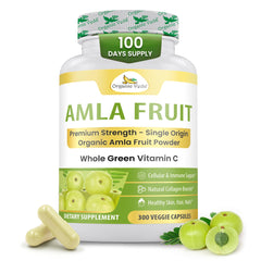 Organic Veda Amla capsules bottle shows 1500mg daily serving for immune support