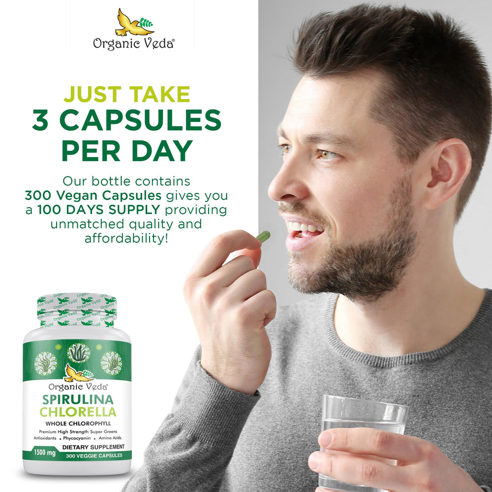 Organic Veda capsules poured into hand for daily supplementation.