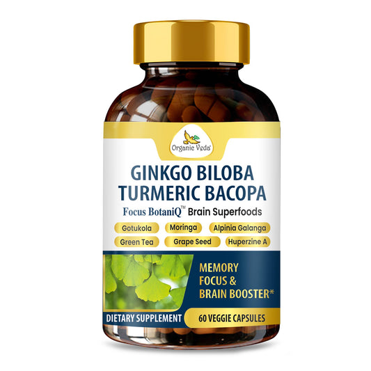 Organic Veda FocusBotaniQ bottle with capsules for daily mental clarity.