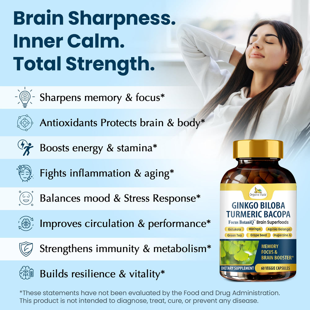 Organic Veda FocusBotaniQ study session setup with capsules.