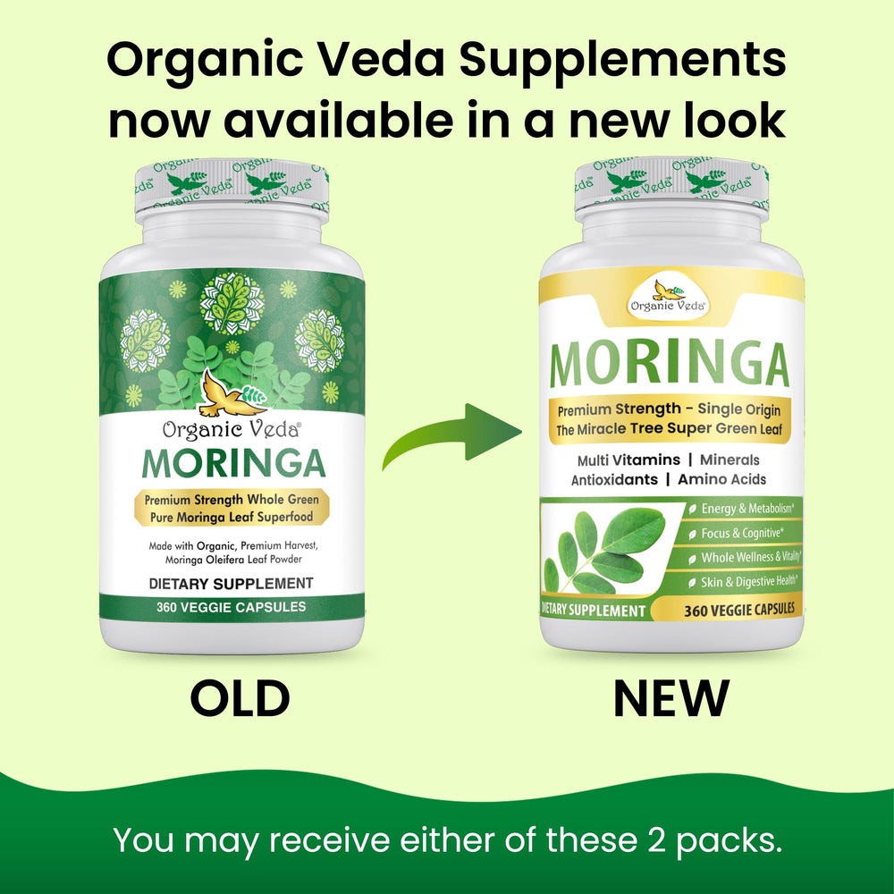 Organic Veda Moringa capsules bottle back label highlights organic origin and purity.