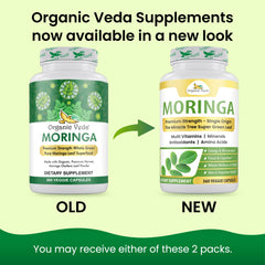 Organic Veda Moringa capsules bottle back label highlights organic origin and purity.