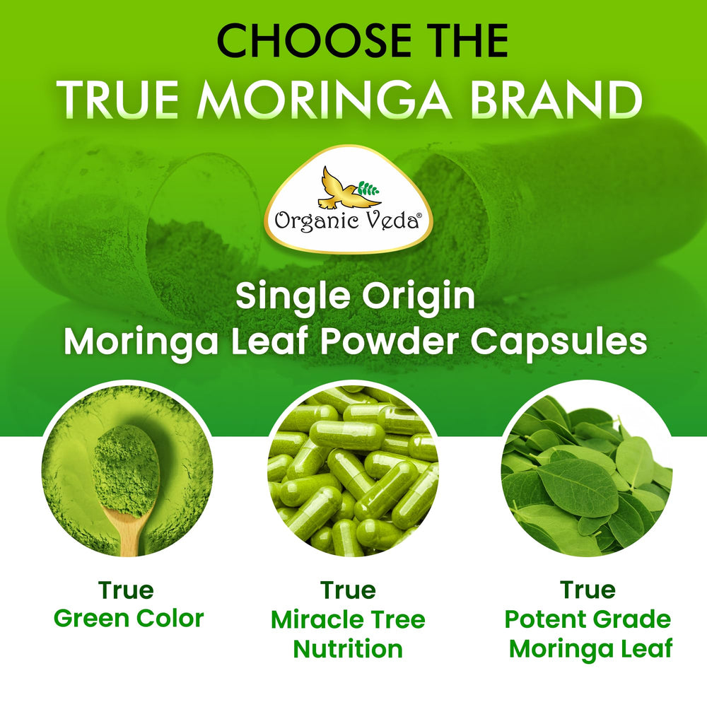 Organic Veda Moringa capsules closeup shows dense green powder inside.