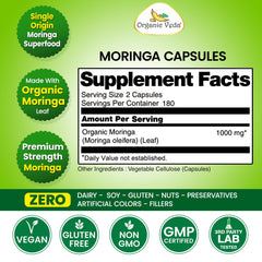 Organic Veda Moringa packaging uses sustainable materials, aligning with eco-conscious choices.