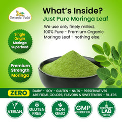 Organic Veda Moringa Powder jar closeup with pure green powder ideal for smoothies.