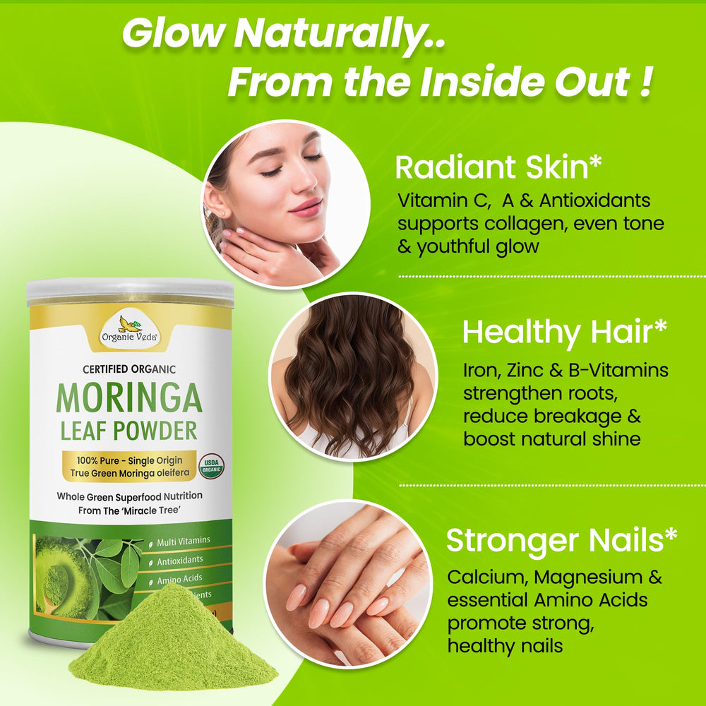 Organic Veda Moringa Powder in a smoothie glass for easy daily boost.