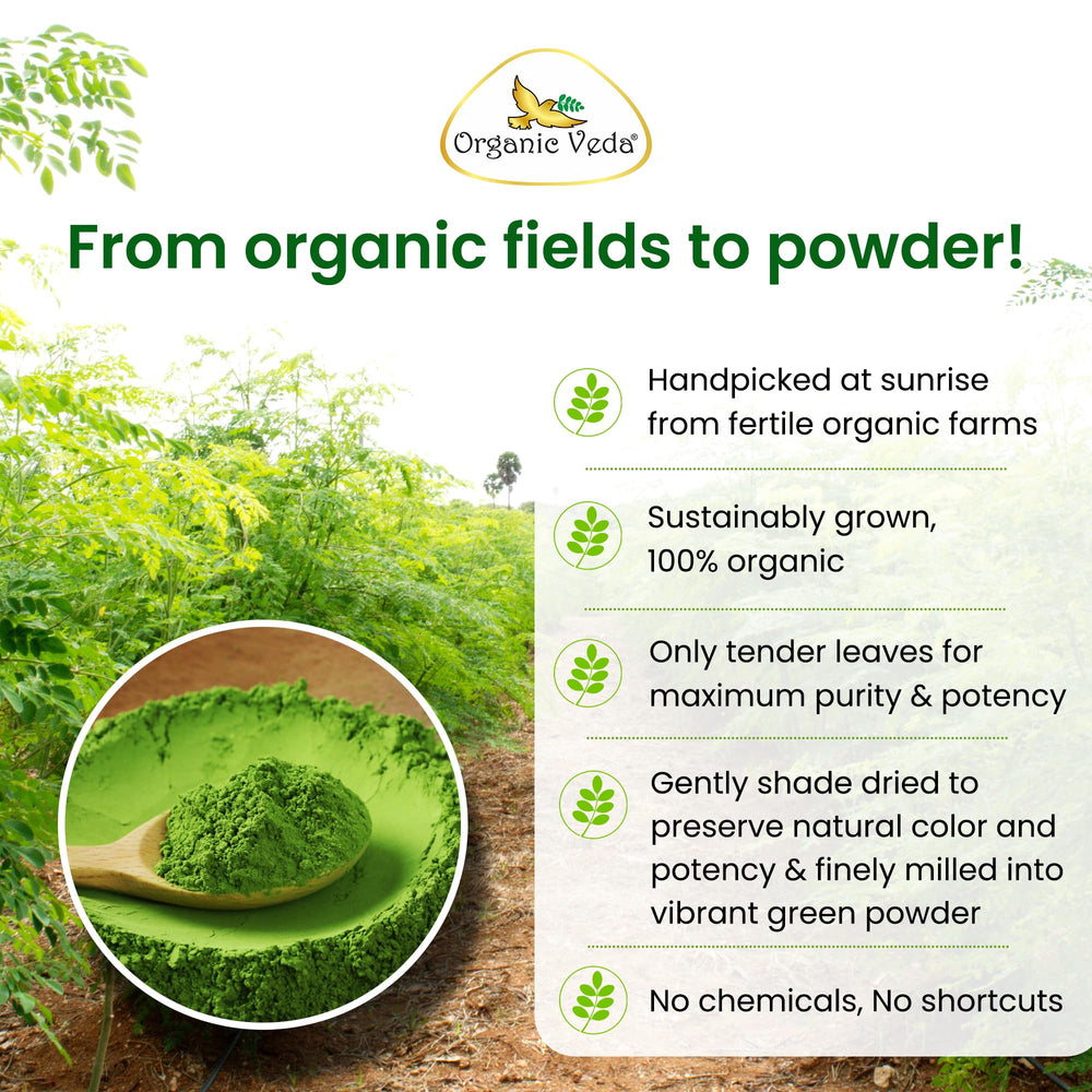 Organic Veda Moringa Powder poured over soup for quick flavor and color.