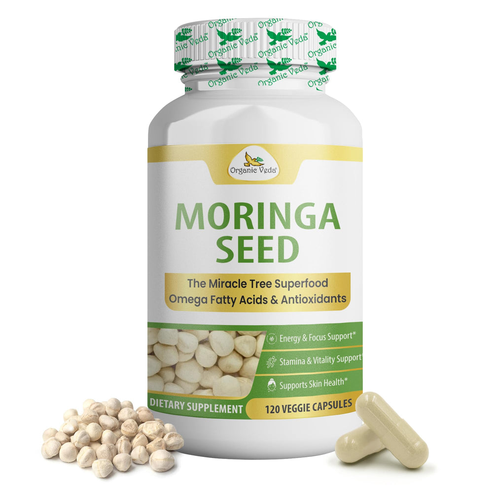 Organic Veda Moringa seed capsules bottle, convenient daily source of essential nutrients.