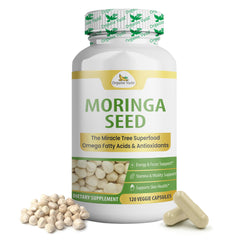 Organic Veda Moringa seed capsules bottle, convenient daily source of essential nutrients.
