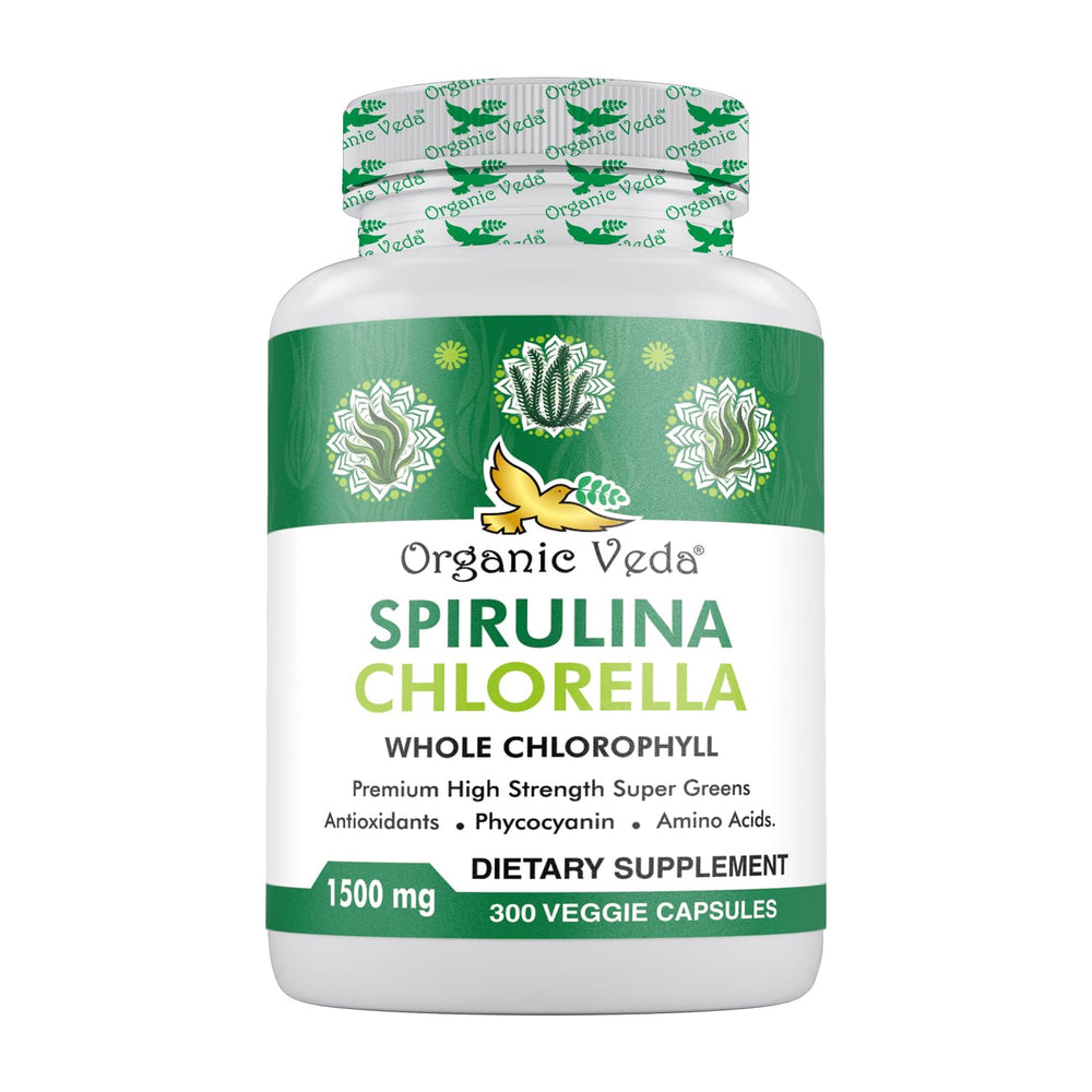 Organic Veda spirulina-chlorella capsules deliver daily green energy.