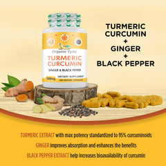 Organic Veda turmeric ginger capsules ginger and turmeric ingredients scene highlights blend