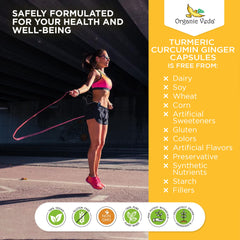 Organic Veda turmeric ginger capsules packaging and label emphasizing gluten-free and non-GMO