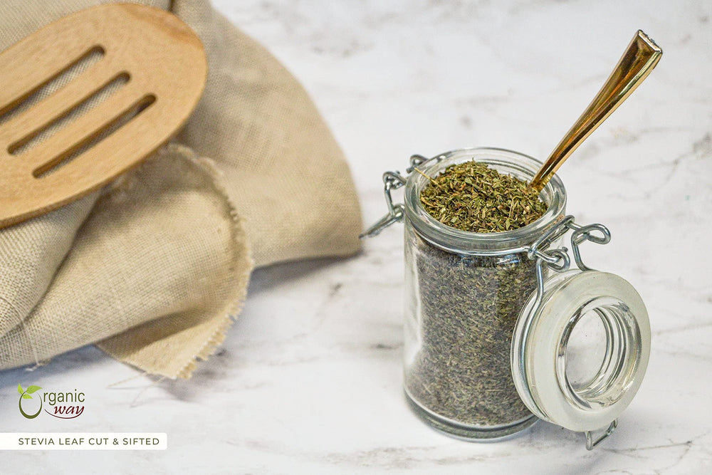 Organic Way Stevia leaf cut & sifted in a kitchen scene demonstrates versatile culinary use.