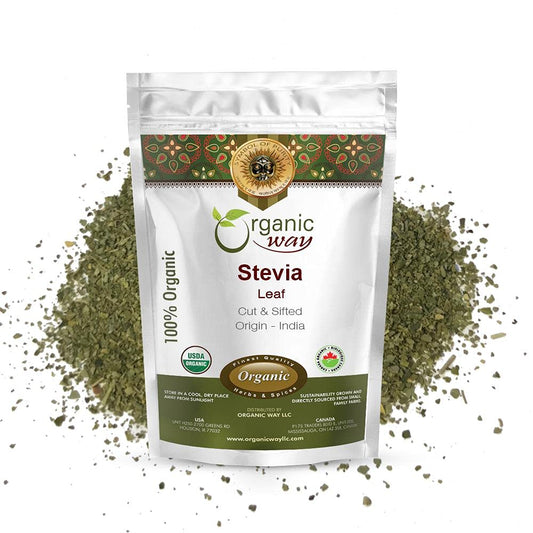 Organic Way Stevia leaf cut & sifted loose leaf bulk, easy to measure for everyday recipes.