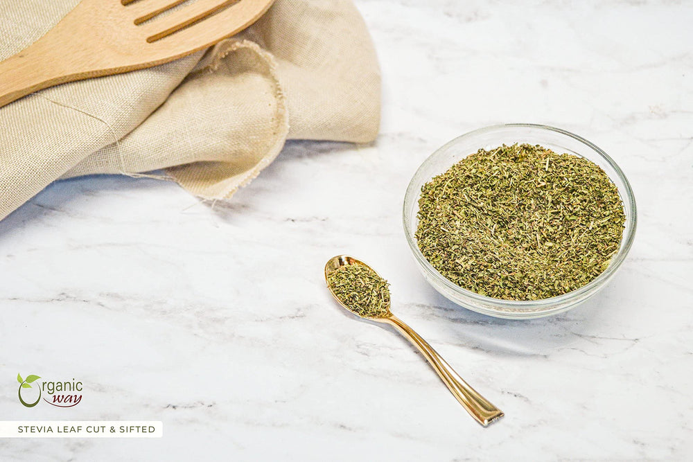 Organic Way Stevia leaf cut & sifted natural color and aroma preserved in dried leaves.