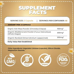 ORGANICS NATURE Irish Sea Moss capsules label closeup—minerals for daily vitality.