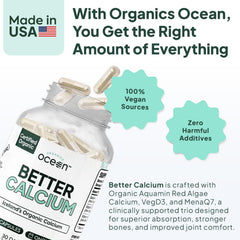 Organics Ocean Better Calcium label details Aquamin, VegD3, and MenaQ7 in the blend.