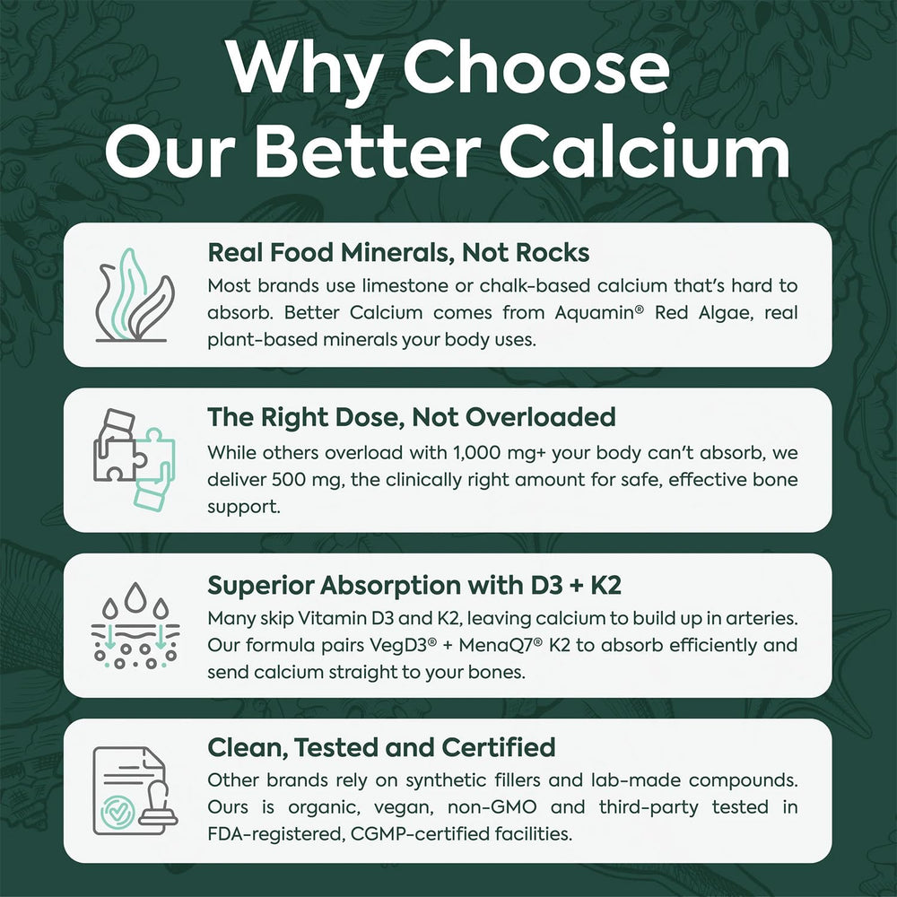 Organics Ocean Better Calcium third-party testing seal for purity and safety.