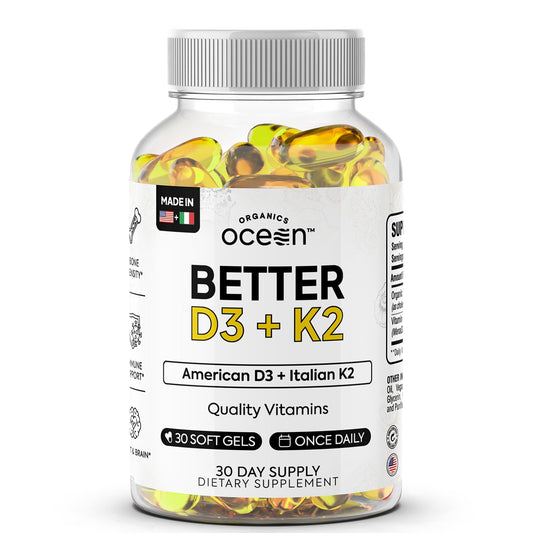 Organics Ocean Better D3 + K2 bottle with vegan softgels for bone support.