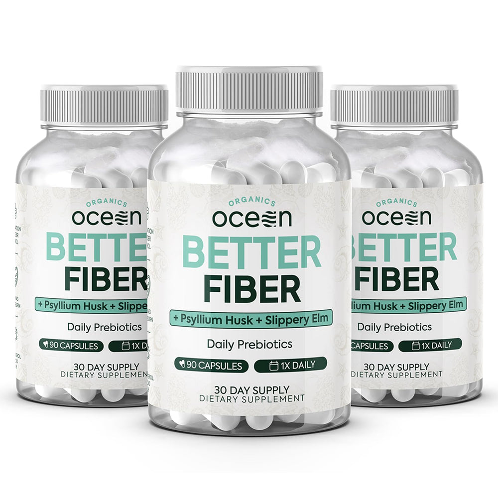 Organics Ocean Better Fiber bottle showcasing capsules for daily digestion support.