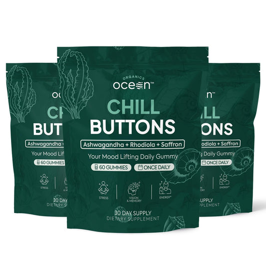 Organics Ocean Chill Buttons gummy with ashwagandha promoting relaxation.