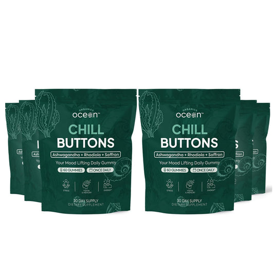 Organics Ocean Chill Buttons bottle front with a calming daily wellness routine