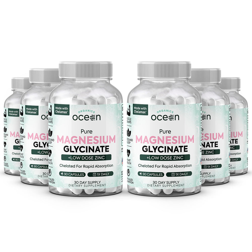 Organics Ocean bottle shows pure magnesium glycinate with zinc for daily support.