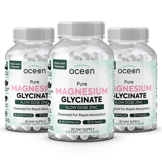 Organics Ocean Pure Magnesium Glycinate with Zinc bottle close-up highlighting high absorption.