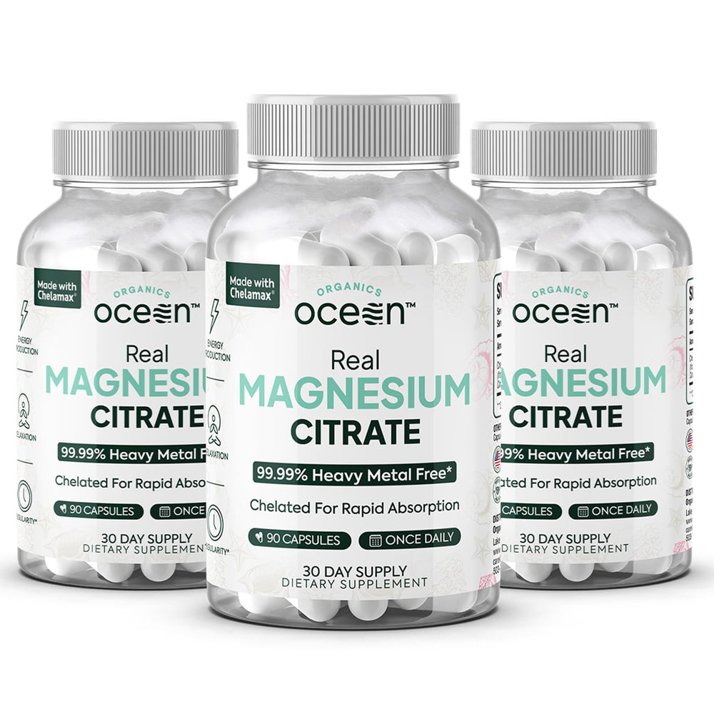 Organics Ocean Real Magnesium Citrate bottle pour demonstrates convenient dosing for energy support.