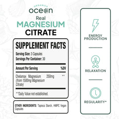 Organics Ocean Real Magnesium Citrate capsules—packaging shot signaling clean formulation for energy support.