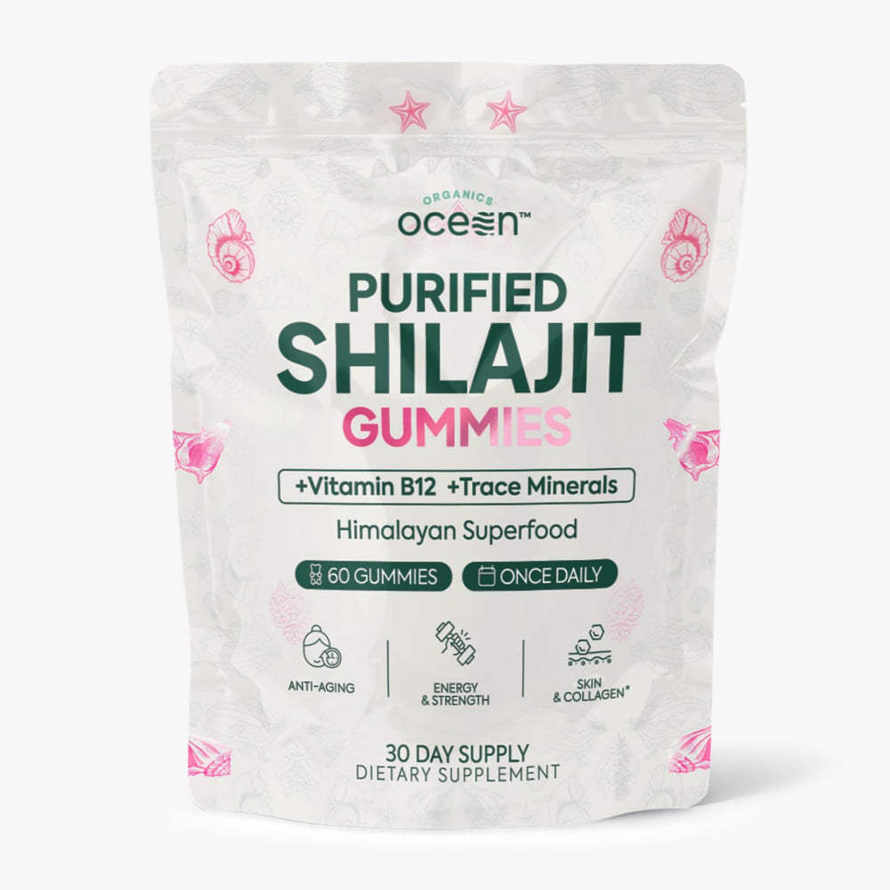 Organics Ocean Shilajit Gummies bottle; premium energy support with pumpkin cocoa flavor