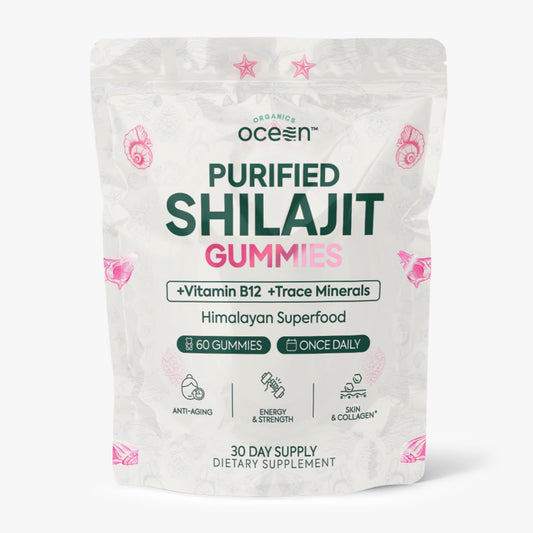 Organics Ocean Shilajit Gummies bottle; premium energy support with pumpkin cocoa flavor