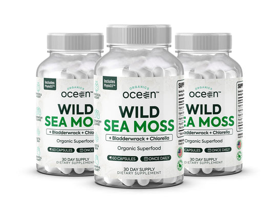 Organics Ocean Wild Sea Moss Capsules bottle front highlighting energy support and wellness.