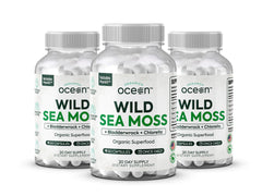 Organics Ocean Wild Sea Moss Capsules bottle front highlighting energy support and wellness.