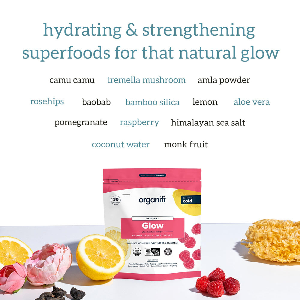 30-serving tub of Organifi Glow with raspberry lemonade flavor