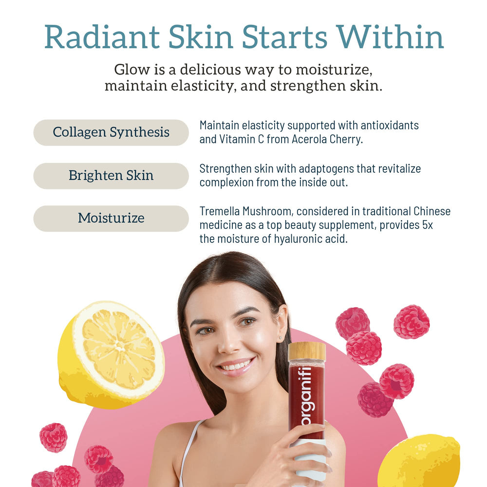 Woman enjoying a refreshing Organifi Glow drink for a radiant look
