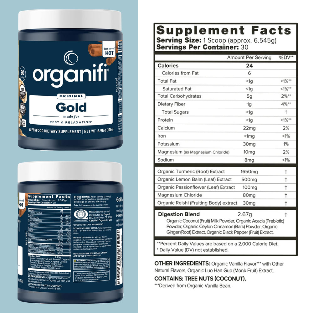 Organifi Gold cup pour invites relaxation before bed with creamy turmeric notes