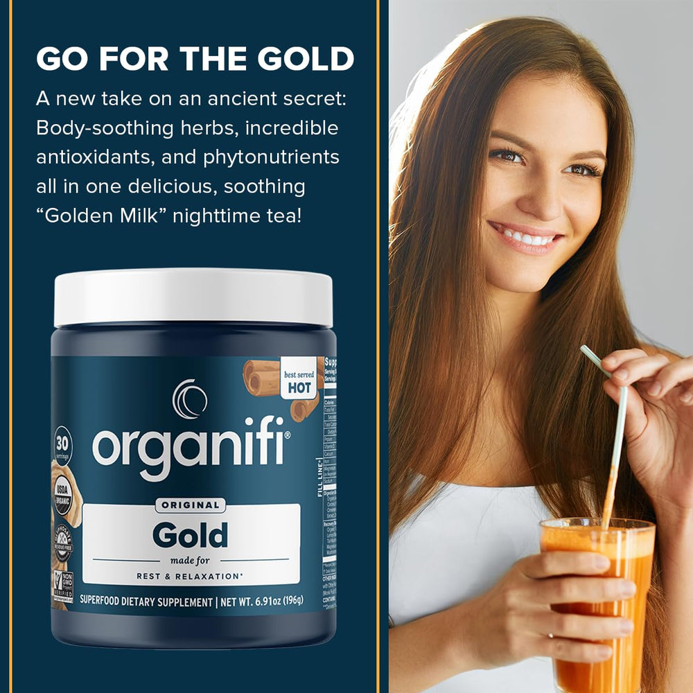 Organifi Gold ingredients turmeric and lemon balm highlight calming, digestive support vibes