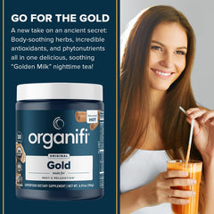 Organifi Gold ingredients turmeric and lemon balm highlight calming, digestive support vibes