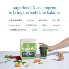 Organifi Green Juice with ashwagandha bottle shown for daily use.