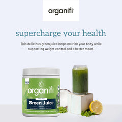 Organifi Green Juice prepared drink served in a glass with ice.