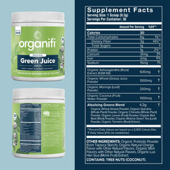 Organifi Green Juice scoop of powder ready to mix into a smoothie.
