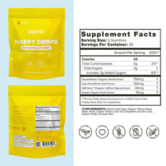 Organifi Happy Drops gummies close-up showing lemon flavor and soft texture for mood support.