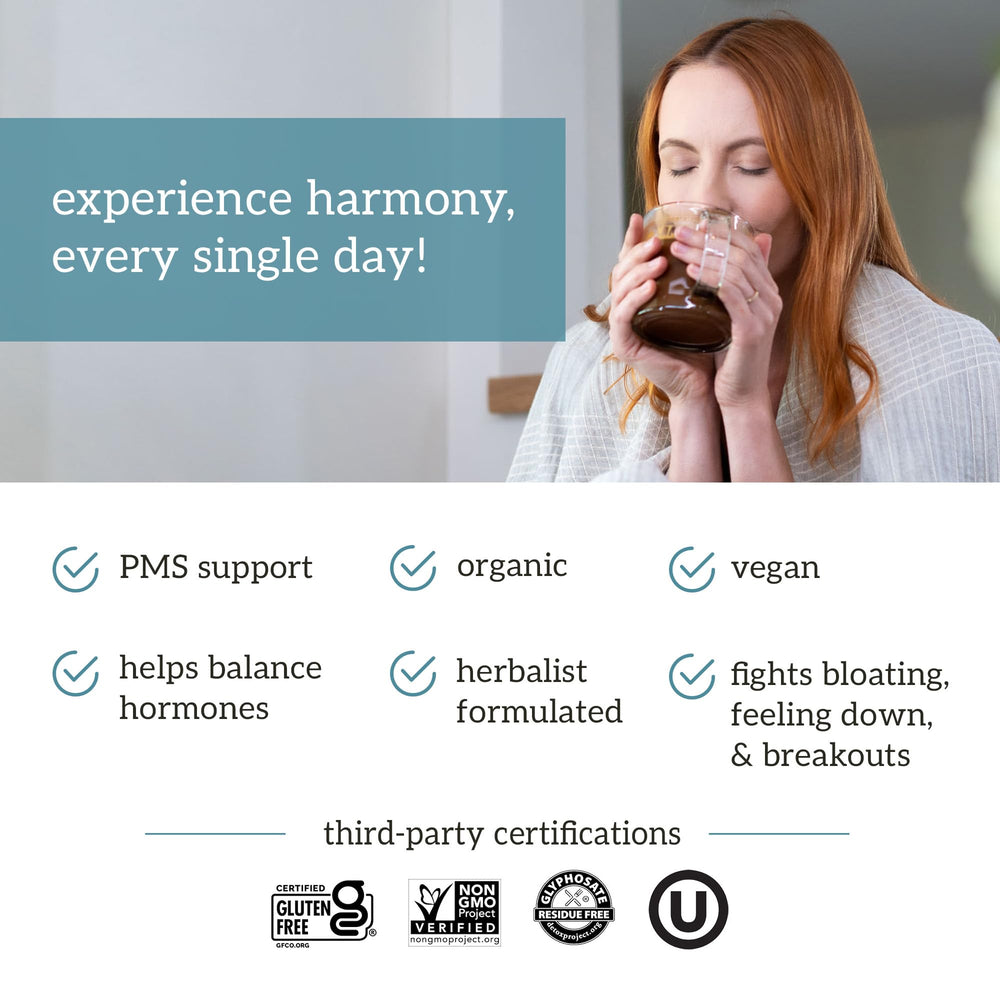 Organifi Harmony glass bottle with label highlights gluten-free vegan cacao powder.