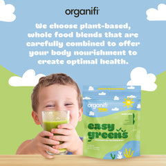 Organifi Kids Easy Greens label closeup emphasizes organic, additives-free