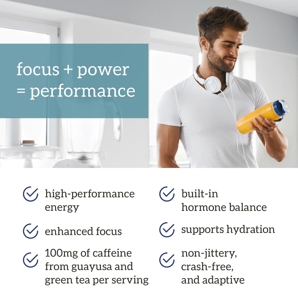 Organifi Peak Power caffeine boost highlighting 100 mg caffeine for quick energy.