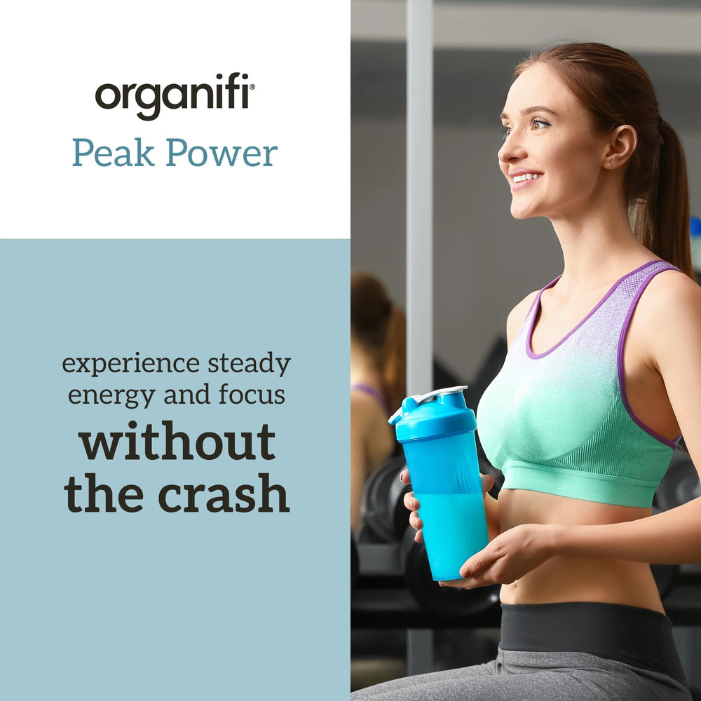 Organifi Peak Power served in a glass, ready-to-drink pre-workout drink.