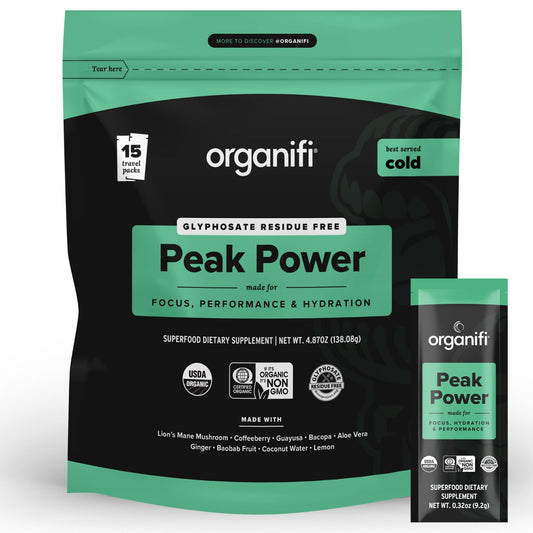 Organifi Peak Power tub front for ready-to-mix energy before workouts.