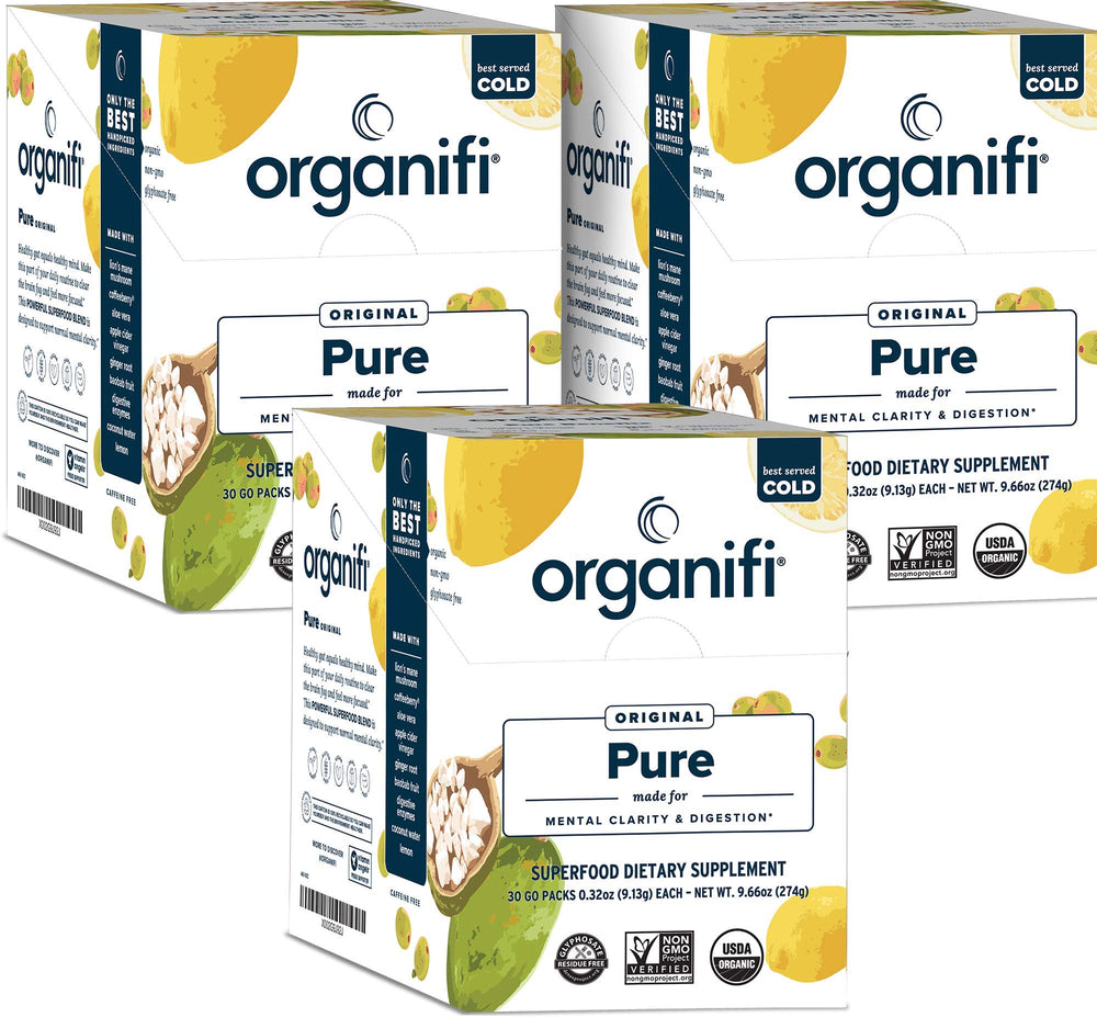Organifi Pure Smart Packs lemon bottle pour for a refreshing focus boost.