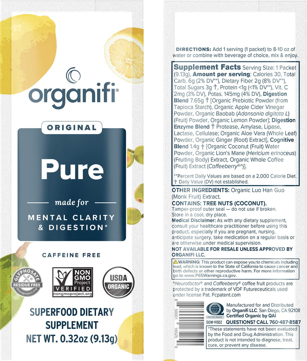 Organifi Pure Smart Packs lemon dissolve in water with crisp aroma.
